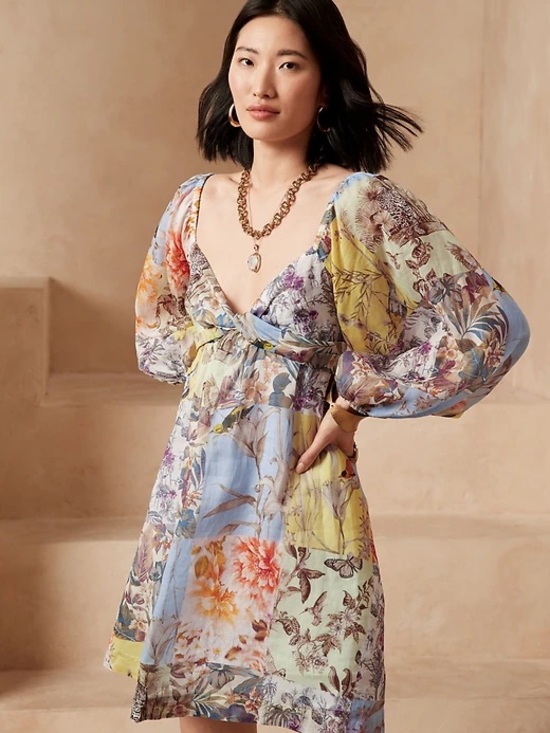 Banana Republic Dresses & Skirts - Banana Republic Floral Ramie Twist Front Mini Dress Medium Puff Sleeve Romantic